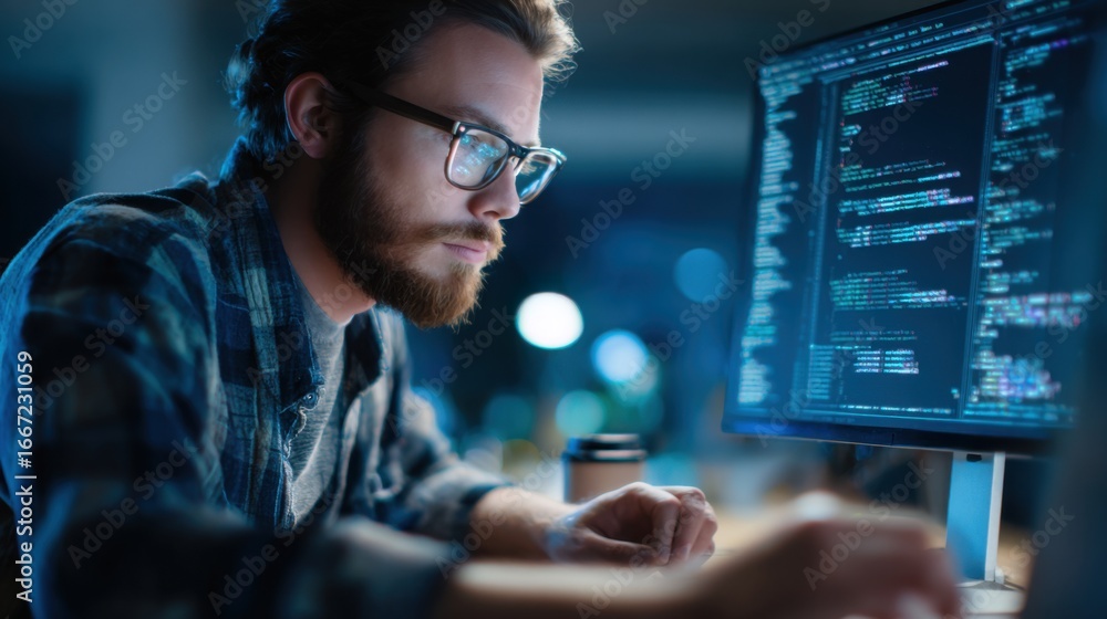 Wall mural a young man wearing glasses is deeply engaged in coding on his computer in a dimly lit urban workspa
