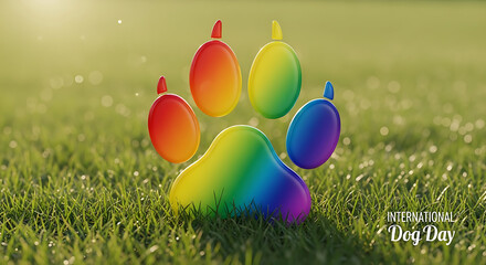 A vibrant rainbowcolored dog paw print rests on lush green grass, symbolizing international dog day and celebrating lgbtq pride, love, and inclusivity within the dogloving community