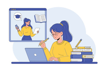 Vector art of a focused student studying online with a laptop and books, while a virtual instructor appears on a screen, representing distance learning