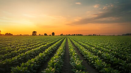 Rows of green crops in a field at sunset agriculture