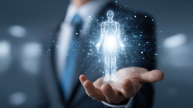 A business professional holds a holographic human figure in one hand, representing the integration of digital technology in modern solutions. The background implies a tech-driven environment