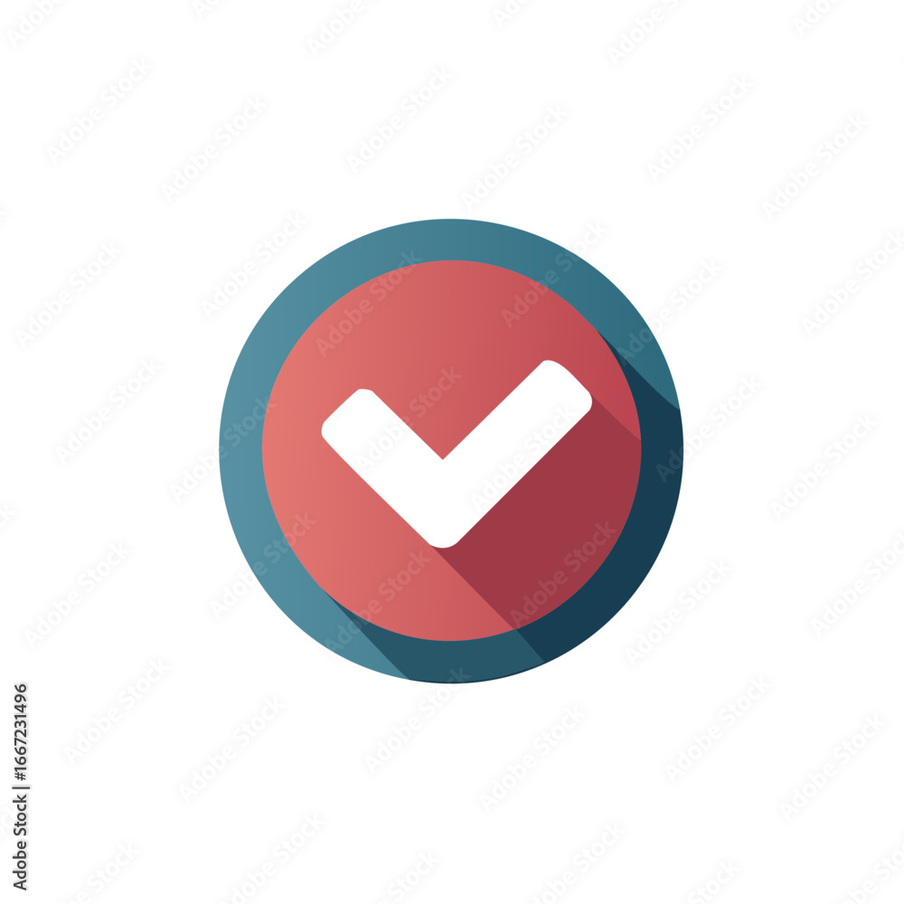 Poster circular checkmark icon with a red center and blue border with long shadow