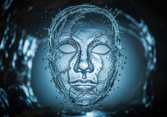 A mask sculpted from flowing water, transparent identity