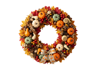 A colorful autumnal wreath, adorned with mini pumpkins, gourds, leaves, and pinecones, displays a festive fall aesthetic against a dark background.