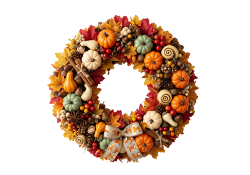 A colorful autumnal wreath, adorned with mini pumpkins, gourds, leaves, and pinecones, displays a festive fall aesthetic against a dark background.