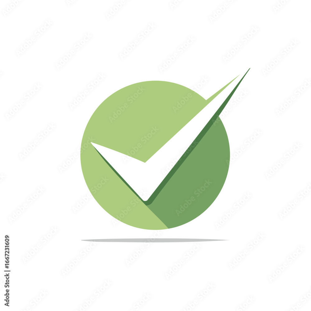 Poster green check mark icon with long shadow flat design for success approval and validation concept