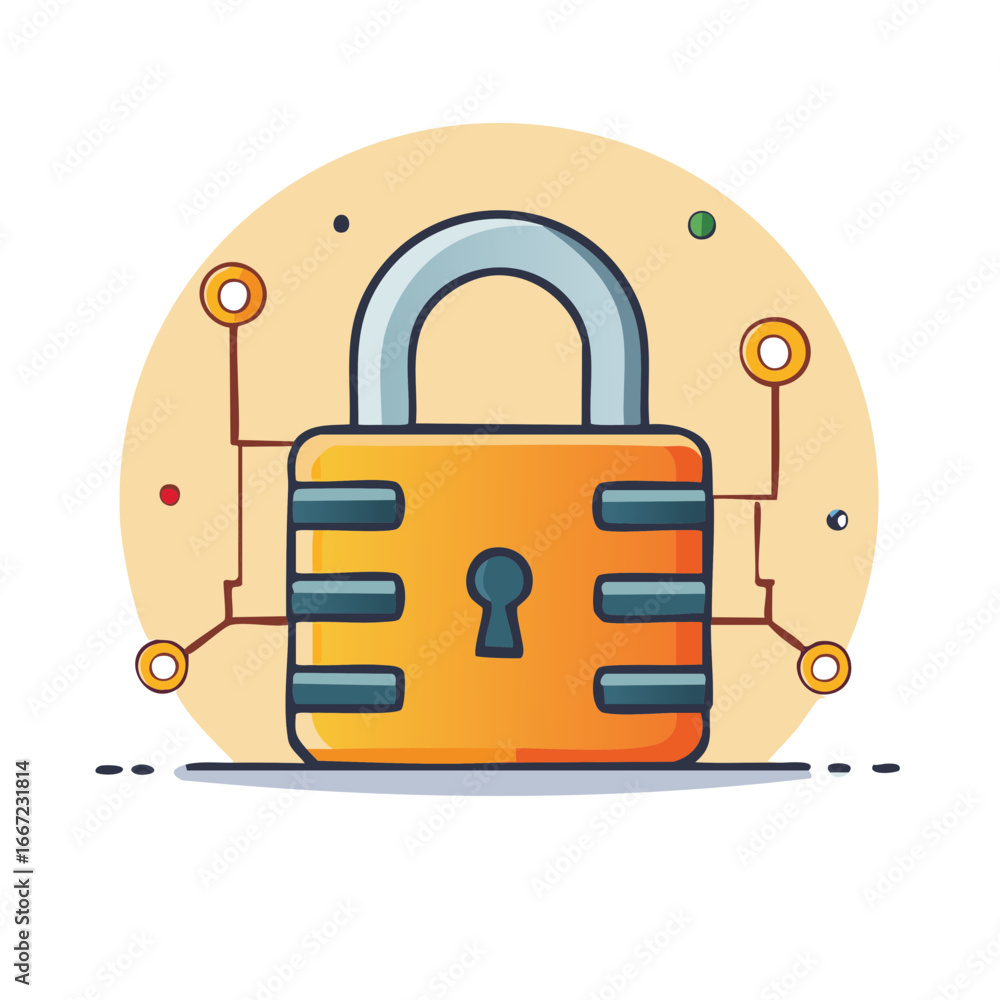 Poster digital security illustration: padlock with circuitry and data protection theme