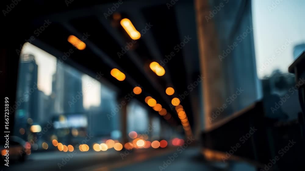 Poster blurring cityscape at sunset, bokeh lights shimmering under a highway overpass, creating a dramatic 