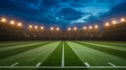 Soccer stadium at night with bright lights and green field