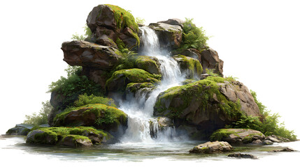 Realistic waterfall cascading over rocks with misty splash effects, green moss covered stones in tropical jungle setting isolated nature scene.