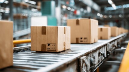 A conveyor belt is actively moving numerous packages through a large warehouse. Workers oversee the process while ensuring efficient operations during the day