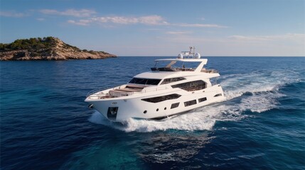 Fototapeta premium A stunning yacht glides through pristine waters on a sunny day, showcasing its elegant design against a backdrop of rocky coastal scenery. The tranquil ambiance invites relaxation