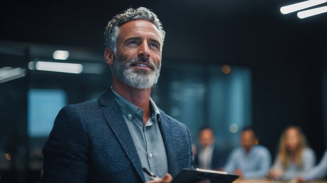 A business leader with gray hair and a beard is presenting ideas in a sleek conference room. Colleagues are seated at a table, focused on the discussion and engaged with visuals