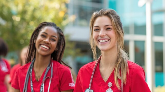 Two medical students stand outside in red scrubs, smiling brightly. They appear joyful and engaged, enjoying their time in a campus setting under a clear sky - Powered by Adobe