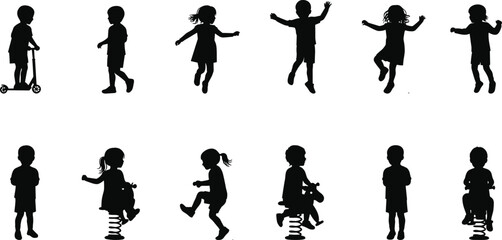 Children silhouette, playground activity, kids movement poses, running child, jumping toddler, scooter riding, spring rider, vector illustration, child development