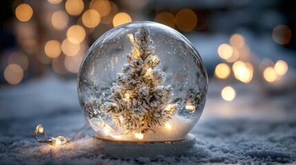 Fototapeta premium A beautifully crafted snow globe showcases a small snow-covered tree, illuminated by soft lights, creating a warm atmosphere in a winter landscape. The scene captures the essence of holiday cheer