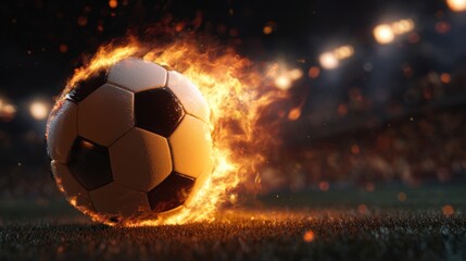Fototapeta premium A soccer ball surrounded by flames is speeding toward the goal on a darkened stadium field, creating an intense atmosphere during a night match