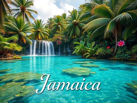 Jamaica tropical jungle waterfall flowing into a clear lagoon