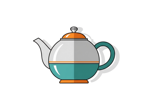 A flat, stylized illustration of a teakettle, featuring a light gray upper section, a teal lower section, and an orange lid and handle.