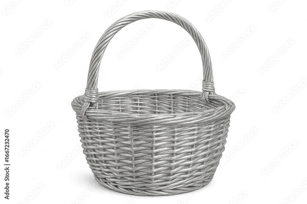 Poster silver wicker basket with handle isolated on transparent background, ideal for composites and design