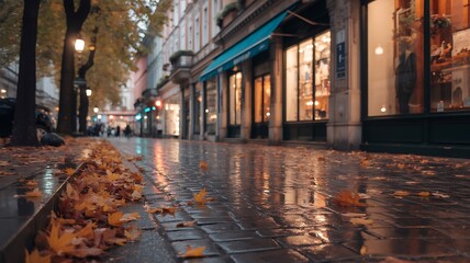 Obraz premium Wet Cobblestone Street with Fallen Autumn Leaves image
