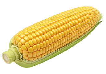 A vibrant, close-up image displays a whole corn cob, showcasing its bright yellow kernels and green leaves against a plain black background.