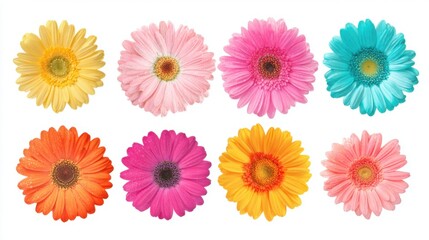 A variety of gerbera daisies in bright colors, including yellow, pink, orange, and blue, line up beautifully against a simple backdrop, showcasing natural beauty and floral diversity