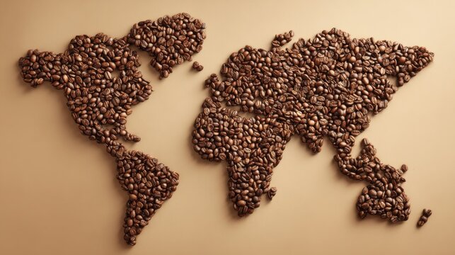 Coffee beans arranged meticulously to form a world map, highlighting the significance of coffee in various cultures and regions around the globe
