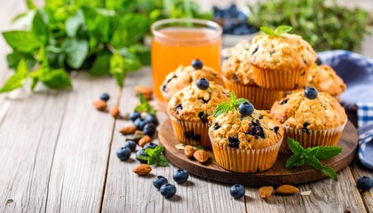 Freshly Baked Blueberry Muffins with Juice, Mint, and Almonds on a Rustic Wooden Table