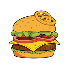 Delicious cheeseburger with crispy onion rings and gooey melted cheddar cheese illustration