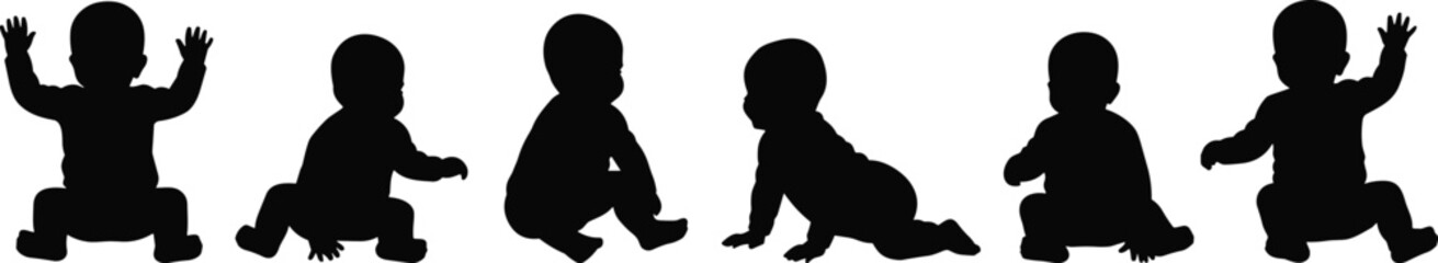 Baby silhouette, infant movement, crawling baby, sitting baby, reaching pose, child development, toddler vector, baby stages, growth concept, black illustration