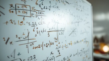 Mathematics concepts are outlined in various colors on a whiteboard in a classroom. Students are engaged in learning and solving problems together