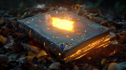 Glowing book lies on autumn leaves in a mystical forest setting scene