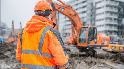 A construction worker in an orange reflective jacket observes heavy machinery operating in snowy conditions in a city setting. The work is part of a large construction project