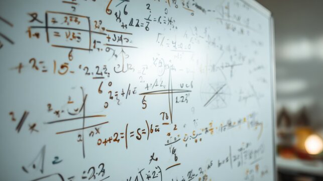 Mathematics concepts are outlined in various colors on a whiteboard in a classroom. Students are engaged in learning and solving problems together