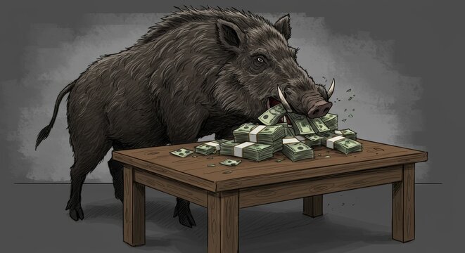 An illustration of a large wild boar standing on a table and greedily devouring a huge pile of cash.