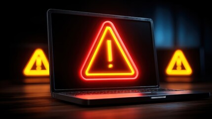 A glowing warning sign appears on a dark laptop screen, highlighting a potential system error. The background features additional caution symbols, creating an urgent atmosphere