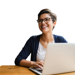 Happy young woman with short hair and glasses working on a laptop computer smiling transparent background