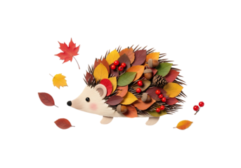 A whimsical hedgehog, adorned with vibrant autumn leaves, acorns, and berries, stands out against a striking black background.