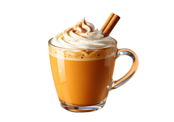A glass mug of warm, spiced autumn coffee drink, topped with whipped cream and cinnamon sticks, against a black backdrop.