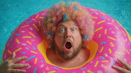 A man with a vibrant curly wig looks astonished as he floats in a pink donut-shaped float in a swimming pool. The sunny day highlights his playful expression and bright surroundings