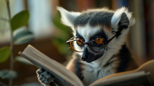 An image of a monkey wearing eyeglasses and reading a book.