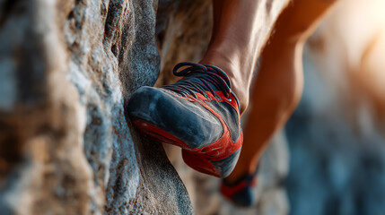 Close up of climbing shoe performing heel hook on rock wall in outdoor sport scene