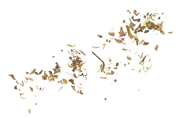 Tea blend, dry leaves flying isolated on white background, ingredients Icelandic lichen, Coltsfoot (tussilago farfara), Plantago and Tthyme 
