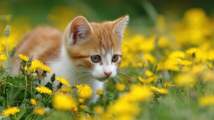 A playful kitten with orange and white fur cautiously investigates a field filled with bright yellow dandelions on a sunny spring day, embodying the joys of childhood discovery