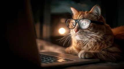 A ginger cat with glasses stares intently at a laptop screen. The warm, low light of the room creates an inviting atmosphere as the cat seems engaged in a deep thought