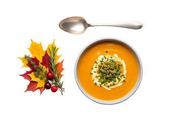 A bowl of vibrant orange pumpkin soup, garnished with pumpkin seeds, chives, and a swirl of cream, is artfully arranged with colorful autumn leaves on a black background.