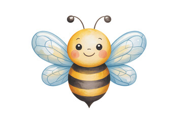 Happy buzzing bee with shiny wings. Cute cartoon honey bee with big blue wings.