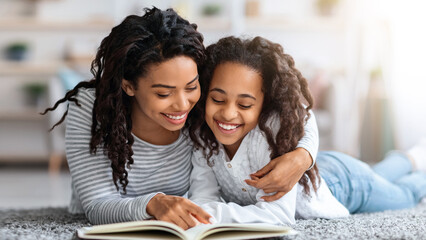 Pretty black girl reading book with her mom, laying together on floor and hugging, home interior....