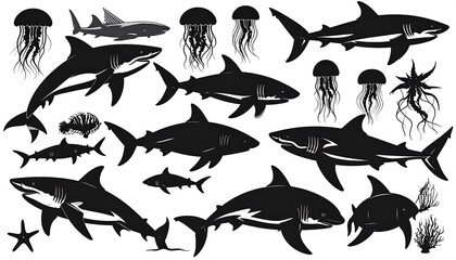Collection of Shark and Jellyfish Silhouettes.